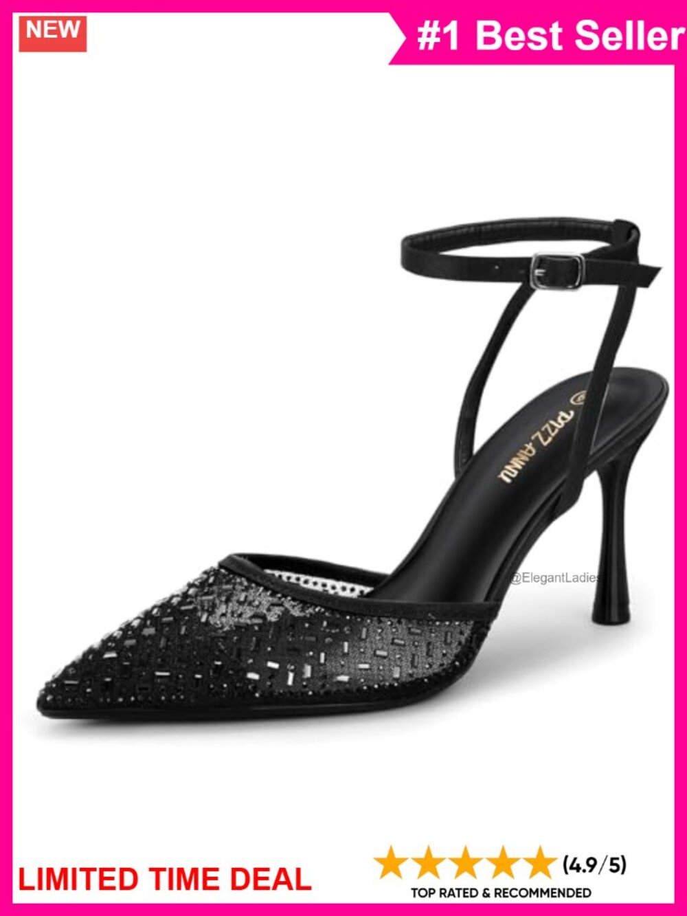 Women's 3 Inch Stiletto Pointed Toe Mesh Rhinestone Ankle Strap Pumps